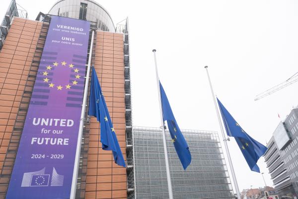 European flags of the Berlaymont fly at half-mast as a sign of European solidarity and out of respect for the victims of the attack at the education centre in Örebro, Sweden